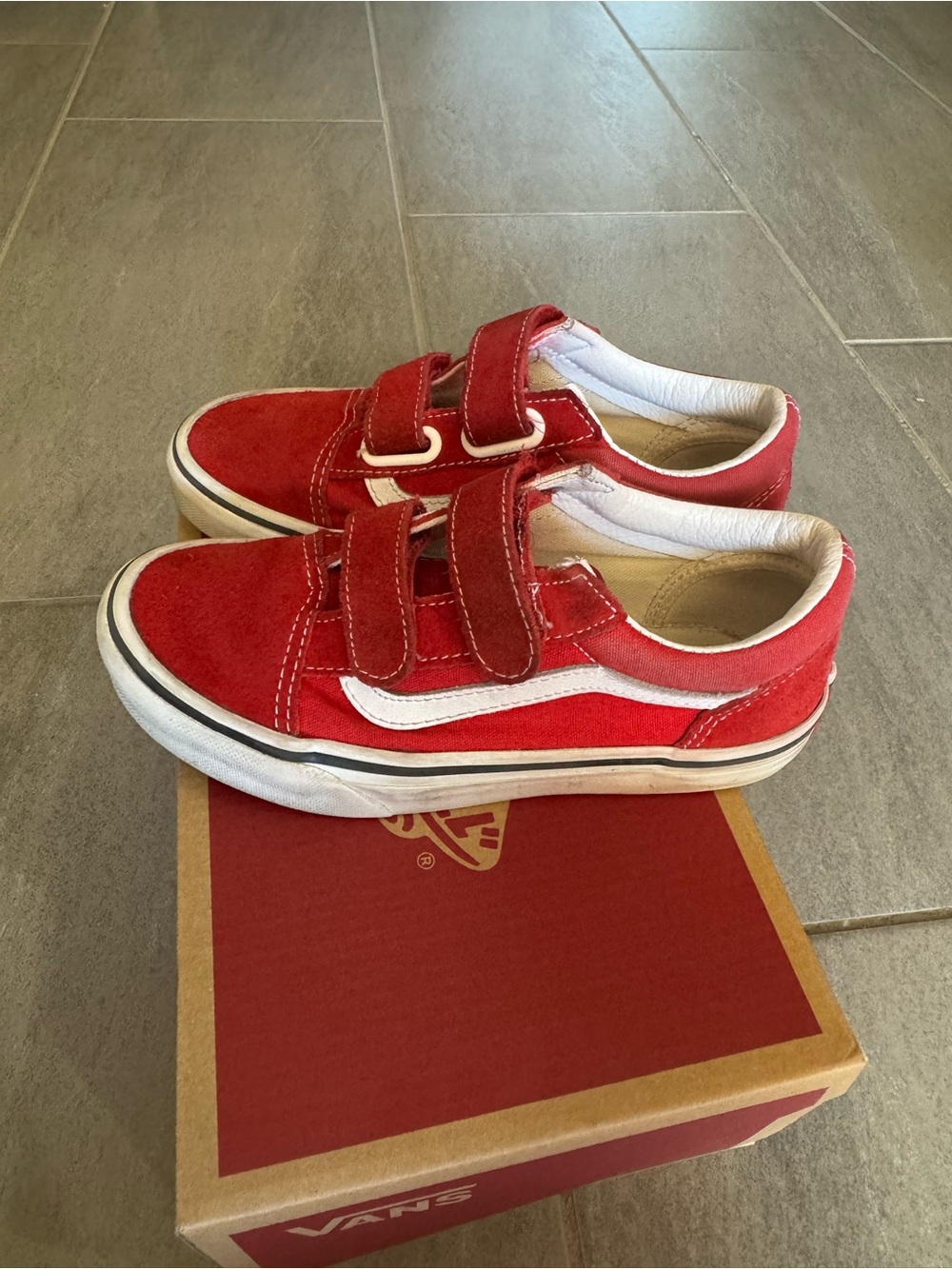 Vans Kids Red Suede Velcro Skate Sneakers with White Stripe